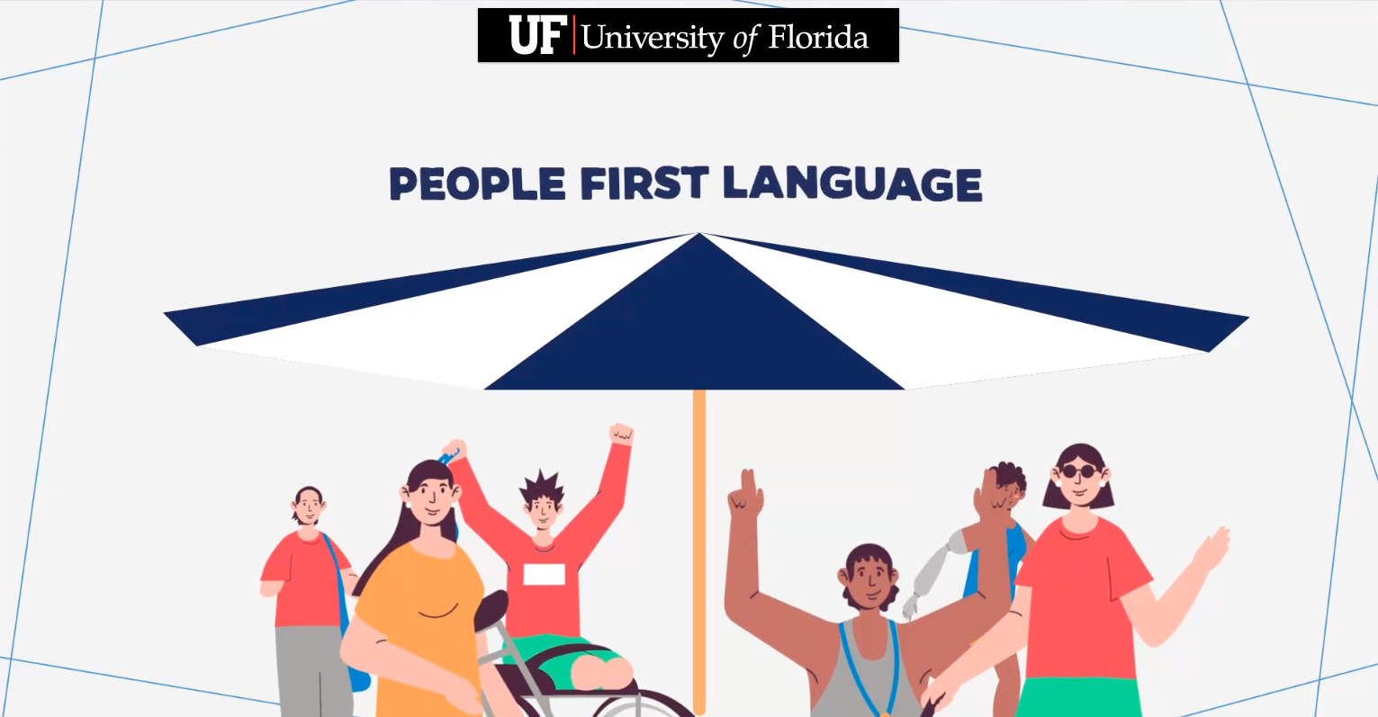 A group of diverse people standing under a large umbrella that has the words 