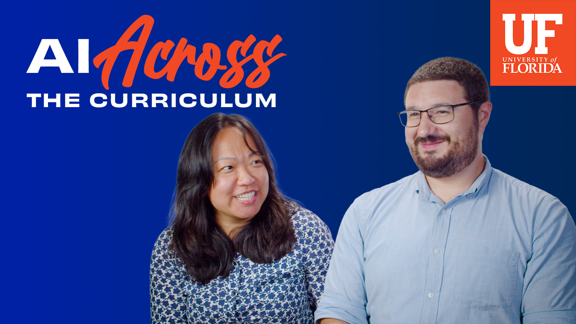 Boroui Zhang & Anthony Botelho pose with the words 'AI Across the Curriculum' in the background