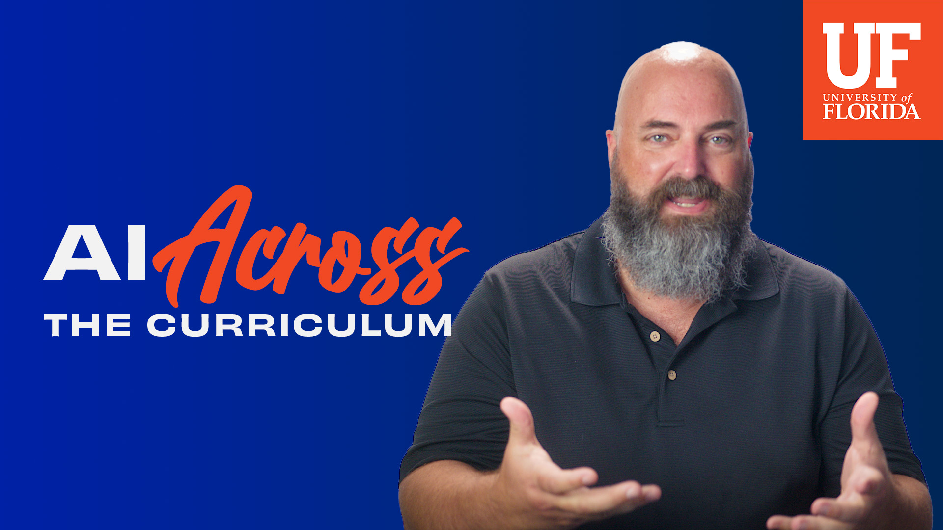 Joel Davis poses mid-instruction with the words 'AI Across the Curriculum