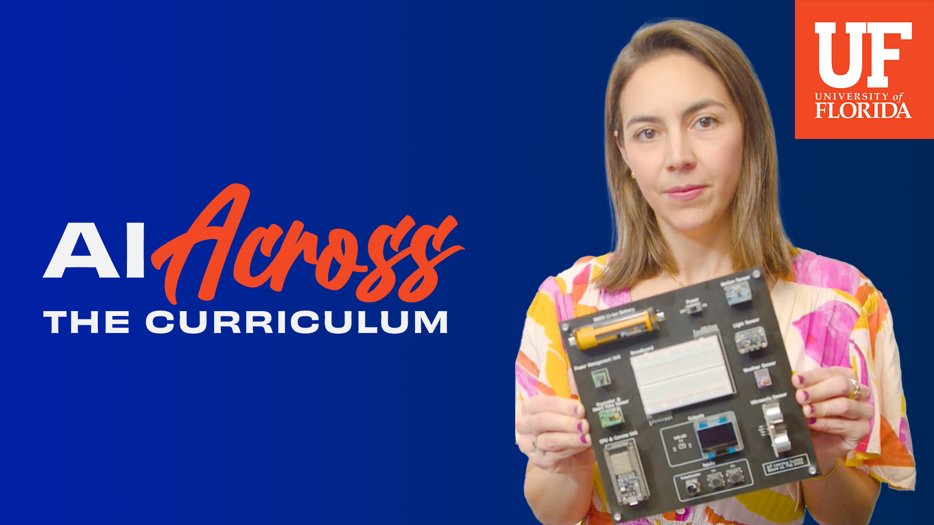 Andrea Ramirez Salgado holds a circuit board and the words 'AI Across the Curriculum' are behind her