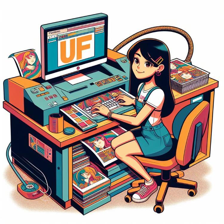 a student sitting at a machine and typing on the keyboard while the machine prints out papers with colorful images