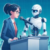a female university student speaks into a microphone from behind a podium while a humanoid robot watches from behind another podium