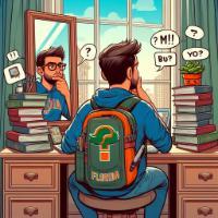 an AI generated image of a male university student sitting at a desk piled high with books and a mirror. The student is asking themselves questions, but the AI has represented those questions as speech bubbles with question marks and gibberish in them.