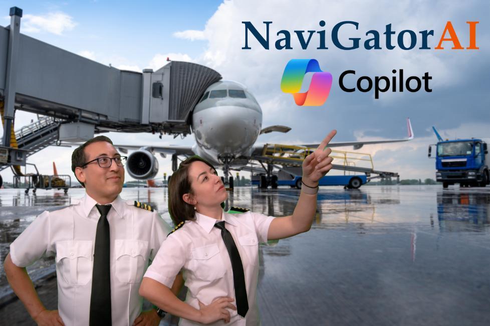 Chris Sharp and Leslie Mojeiko are dressed in airline pilot uniforms, standing in front of a commercial airliner, and Leslie is pointing at the sky where the words 